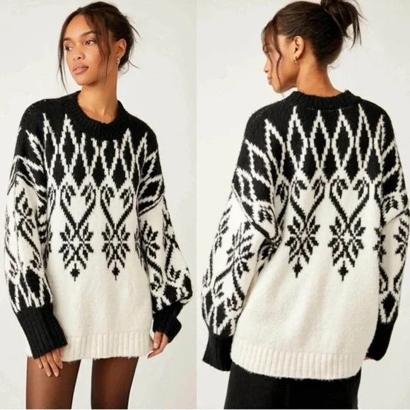Free People Oversized Chunky Knit Fireside Tunic Sweater Ivory Black Medium - Picture 1 of 16